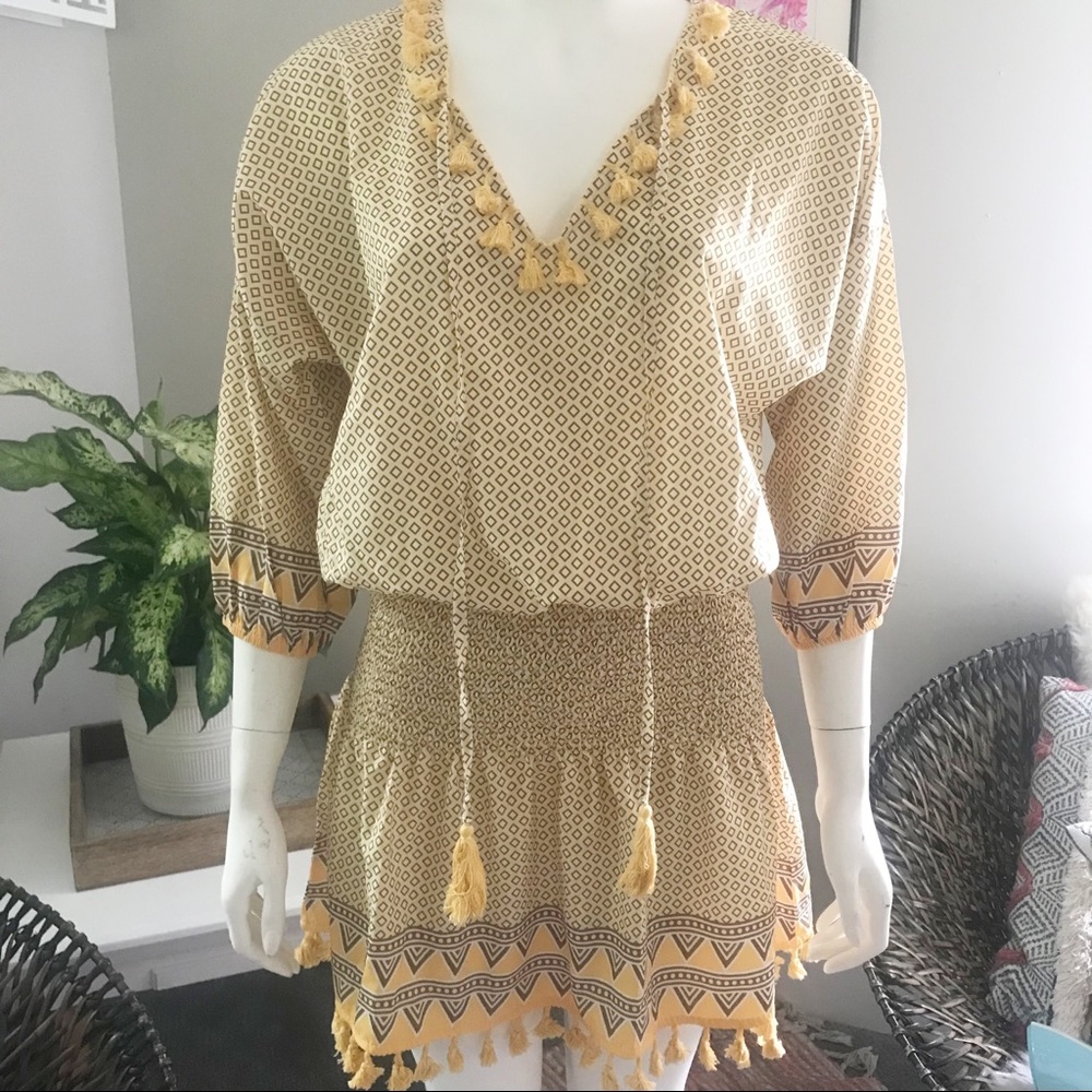 Yellow Tassel Boho 3/4 Length Sleeve Dress w/Shirred Waistband | Women's Sz. Med